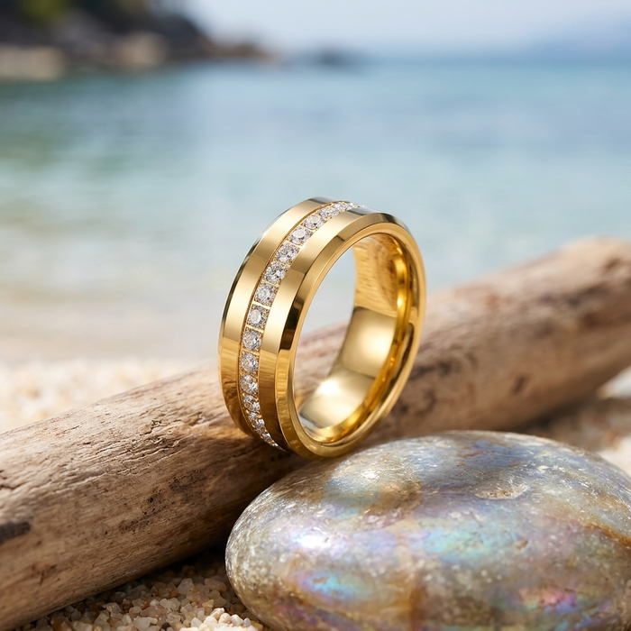 Men's Tungsten Steel Zircon Inlay Gold Ring