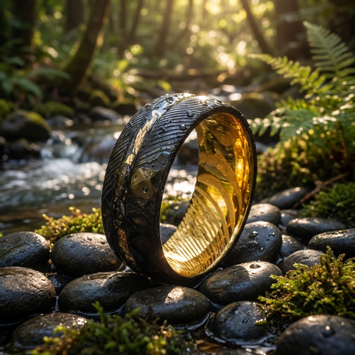 Men's Two-Tone Damascus Steel Ring – Tungsten Band with Gold Foil Meteorite Inlay Minimalist Wedding Ring