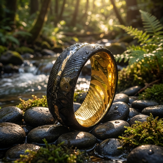 Men's Two-Tone Damascus Steel Ring – Tungsten Band with Gold Foil Meteorite Inlay Minimalist Wedding Ring
