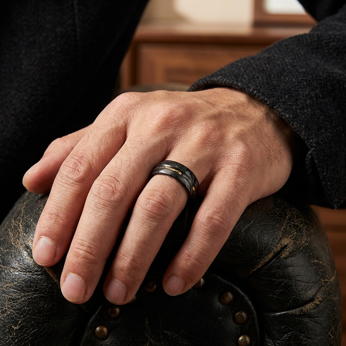 Men's Two-Tone Damascus Steel Ring – Tungsten Band with Gold Foil Meteorite Inlay Minimalist Wedding Ring