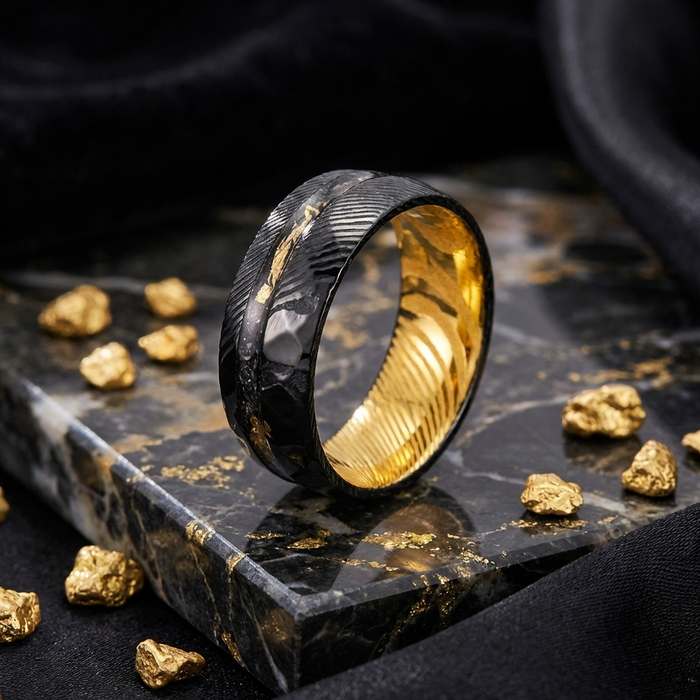 Men's Two-Tone Damascus Steel Ring – Tungsten Band with Gold Foil Meteorite Inlay Minimalist Wedding Ring