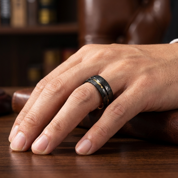 Men's Two-Tone Damascus Steel Ring – Tungsten Band with Gold Foil Meteorite Inlay Minimalist Wedding Ring