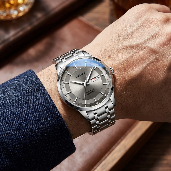 Men's Ultra-Thin Automatic Watch – 39mm Stainless Steel, Dual Calendar & 50M Waterproof