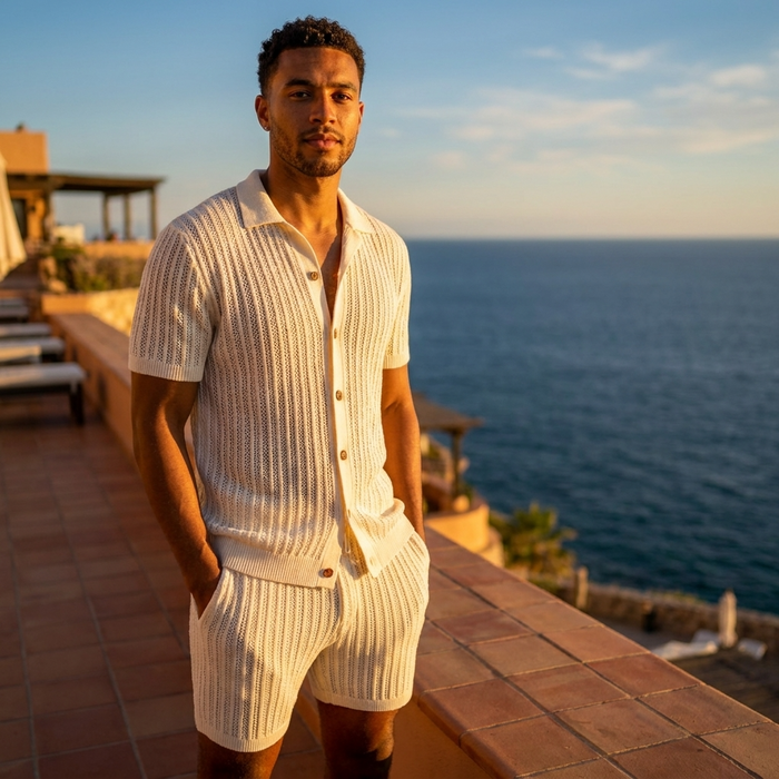 Men's Vertical Stripe Suit Set – Slim Lapel Short-Sleeve Shirt & Matching Shorts, Summer Two-Piece