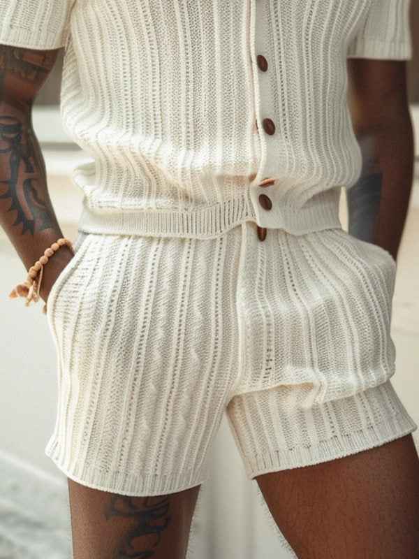 Men's Vertical Stripe Suit Set – Slim Lapel Short-Sleeve Shirt & Matching Shorts, Summer Two-Piece