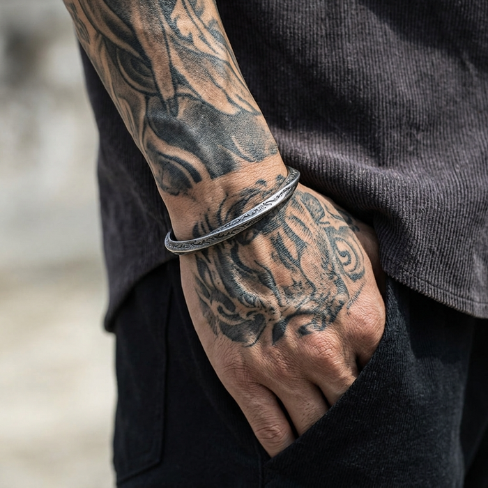 Men's Viking Bracelet — Silver Nordic Bangle, Adjustable Fit