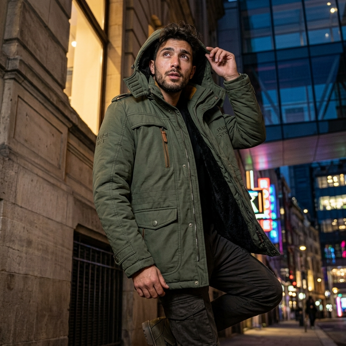 Men's Vintage Hooded Nylon Jacket - Fleece-Lined Windproof Winter Coat