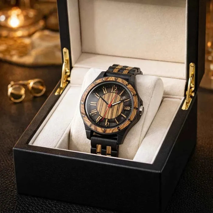 Men's Wooden Quartz Watch – 46mm Genuine Walnut Wood Case, Seagull Movement, Leather Strap, Mineral Glass