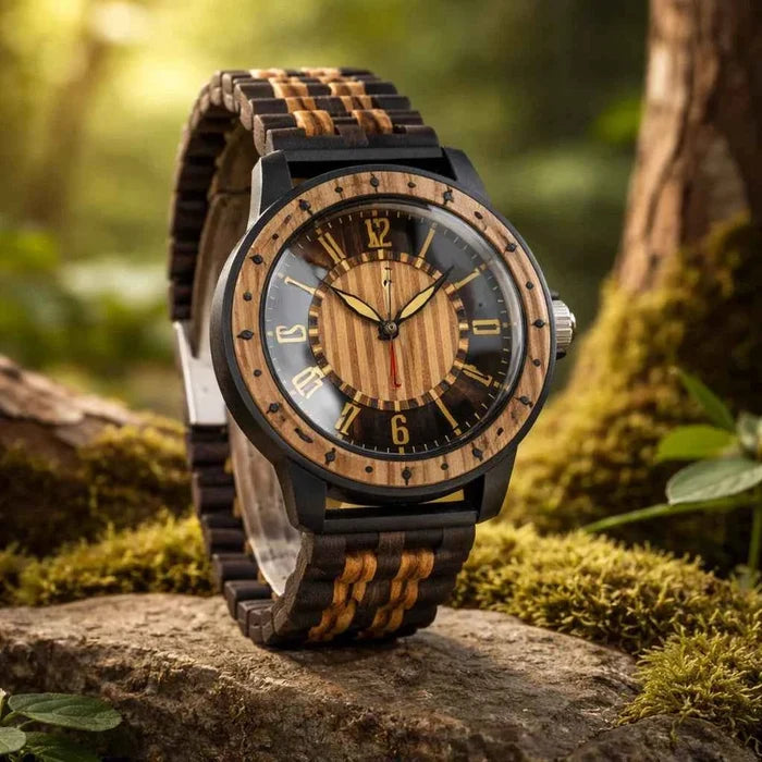 Men's Wooden Quartz Watch – 46mm Genuine Walnut Wood Case, Seagull Movement, Leather Strap, Mineral Glass
