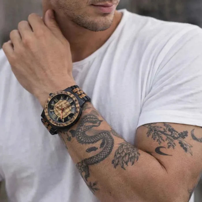 Men's Wooden Quartz Watch – 46mm Genuine Walnut Wood Case, Seagull Movement, Leather Strap, Mineral Glass