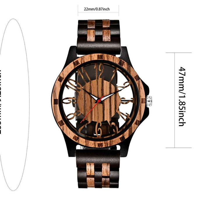 Men's Wooden Quartz Watch – 46mm Genuine Walnut Wood Case, Seagull Movement, Leather Strap, Mineral Glass