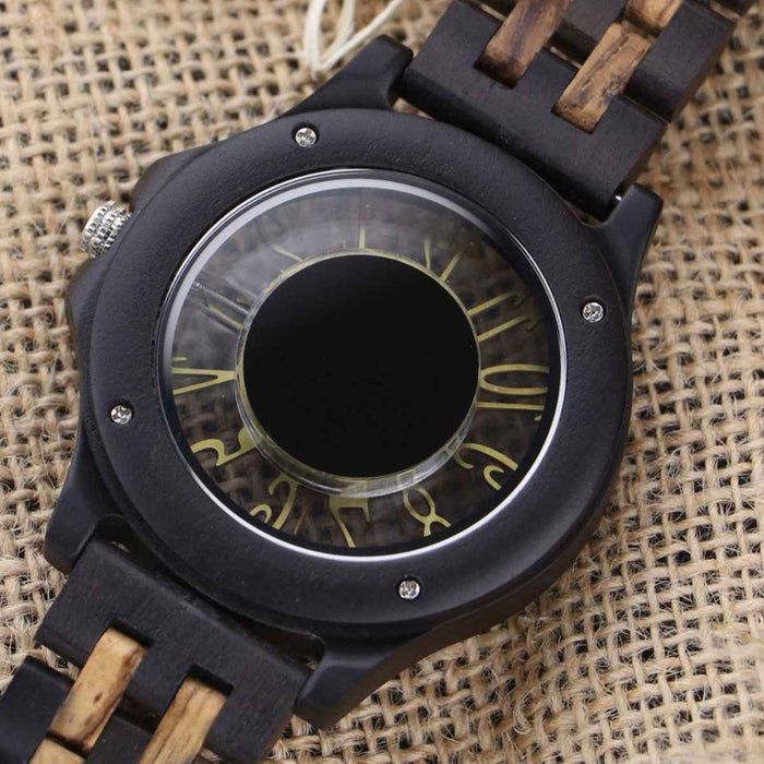 Men's Wooden Quartz Watch – 46mm Genuine Walnut Wood Case, Seagull Movement, Leather Strap, Mineral Glass