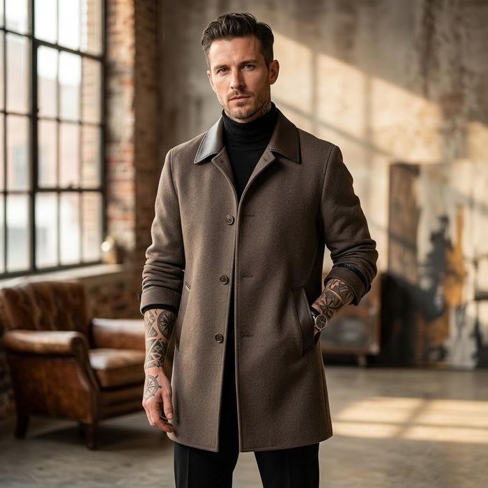 Men's  Wool Double-Faced Trench Coat - Single-Breasted Lapel Overcoat