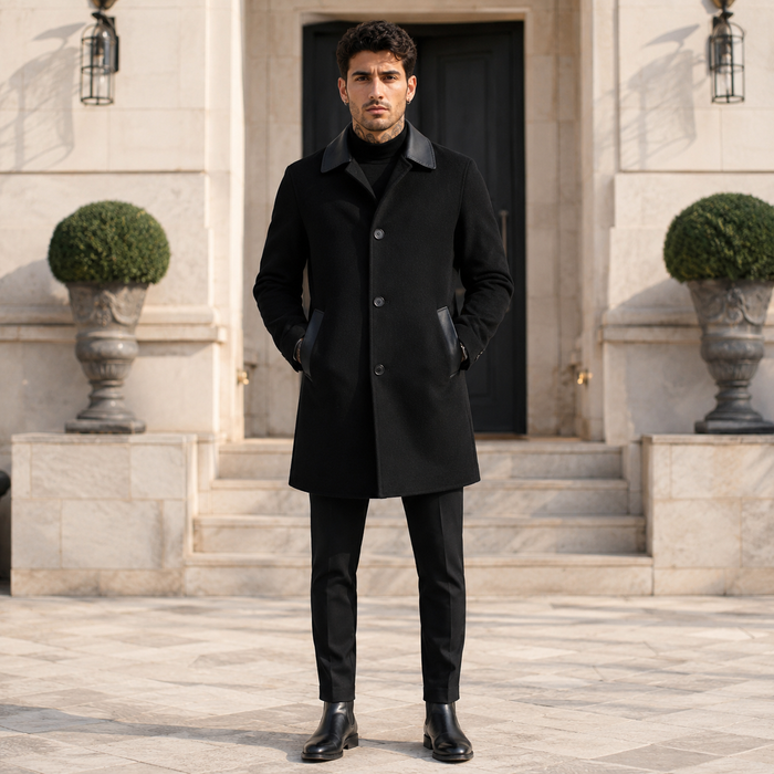 Men's  Wool Double-Faced Trench Coat - Single-Breasted Lapel Overcoat