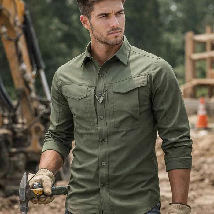 Men's Workwear Utility Shirt – 96% Polyester Long Sleeve, Lapel, 4 Flap Pockets, Loose Fit, M–4XL, 6 Colors