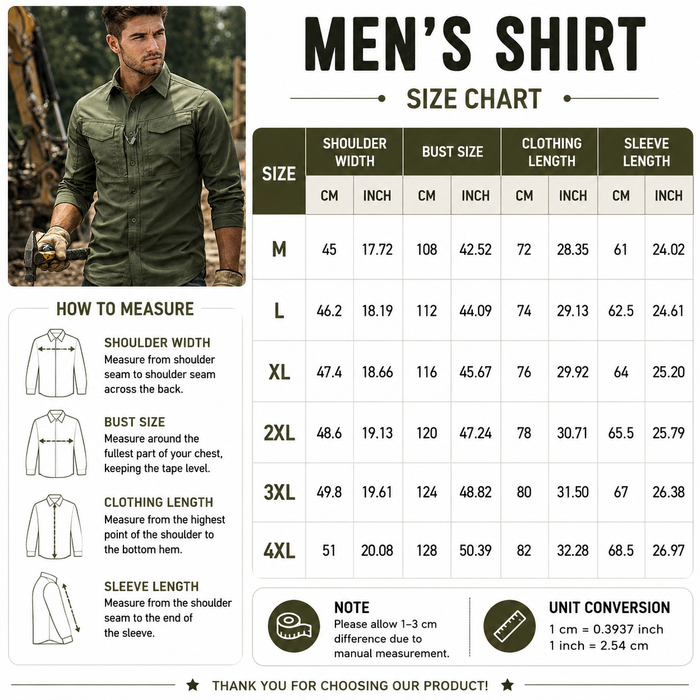 Men's Workwear Utility Shirt – 96% Polyester Long Sleeve, Lapel, 4 Flap Pockets, Loose Fit, M–4XL, 6 Colors