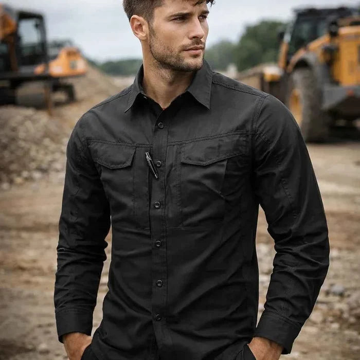 Men's Workwear Utility Shirt – 96% Polyester Long Sleeve, Lapel, 4 Flap Pockets, Loose Fit, M–4XL, 6 Colors