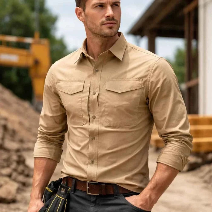 Men's Workwear Utility Shirt – 96% Polyester Long Sleeve, Lapel, 4 Flap Pockets, Loose Fit, M–4XL, 6 Colors