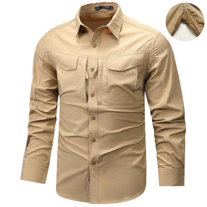 Men's Workwear Utility Shirt – 96% Polyester Long Sleeve, Lapel, 4 Flap Pockets, Loose Fit, M–4XL, 6 Colors