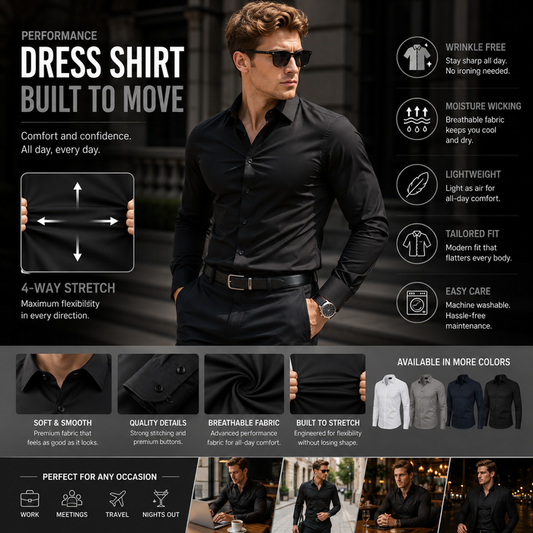 Men's Wrinkle-Free 4-Way Stretch Business Casual Long Sleeve Shirt