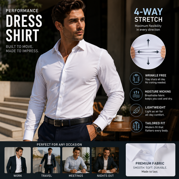 Men's Wrinkle-Free 4-Way Stretch Business Casual Long Sleeve Shirt