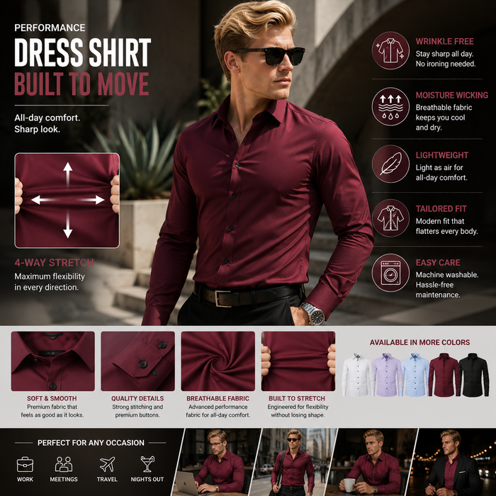 Men's Wrinkle-Free 4-Way Stretch Business Casual Long Sleeve Shirt