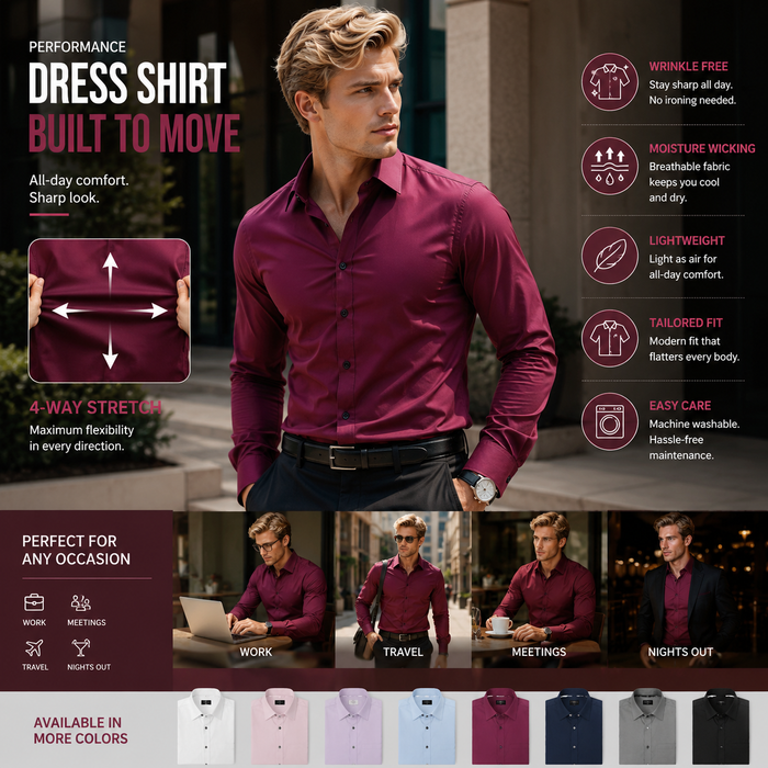 Men's Wrinkle-Free 4-Way Stretch Business Casual Long Sleeve Shirt