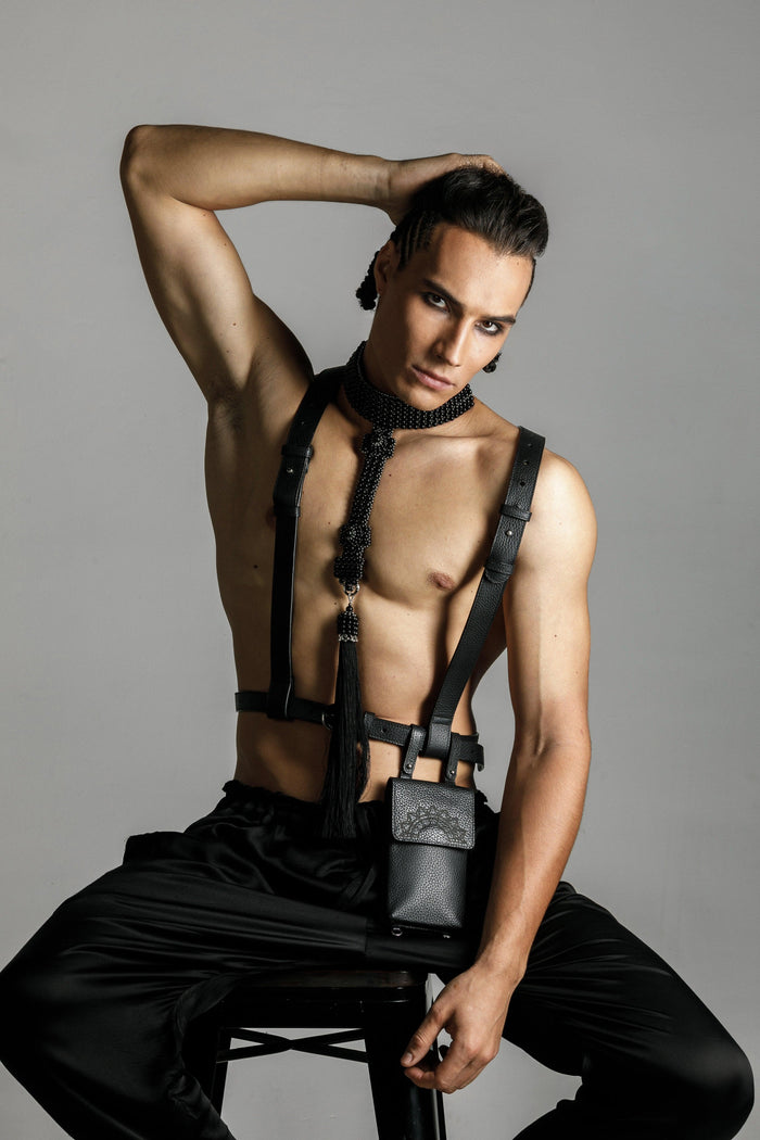 mens collection by object and dawn handcrafted beaded t-choker and zheng leather harness with iphone bag
