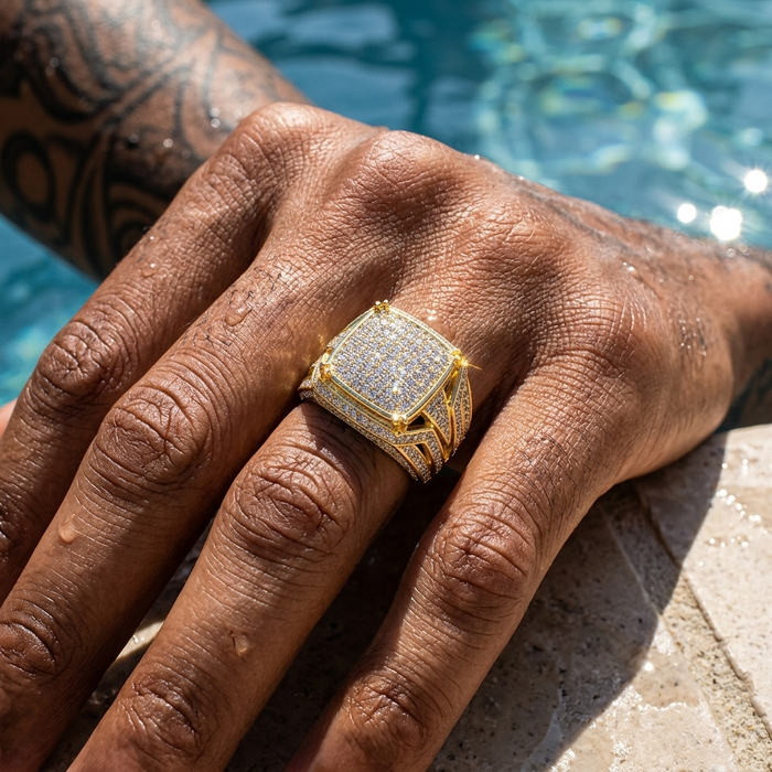 Men's Zircon-Inlaid Geometric Ring - Hip-Hop & Business Style