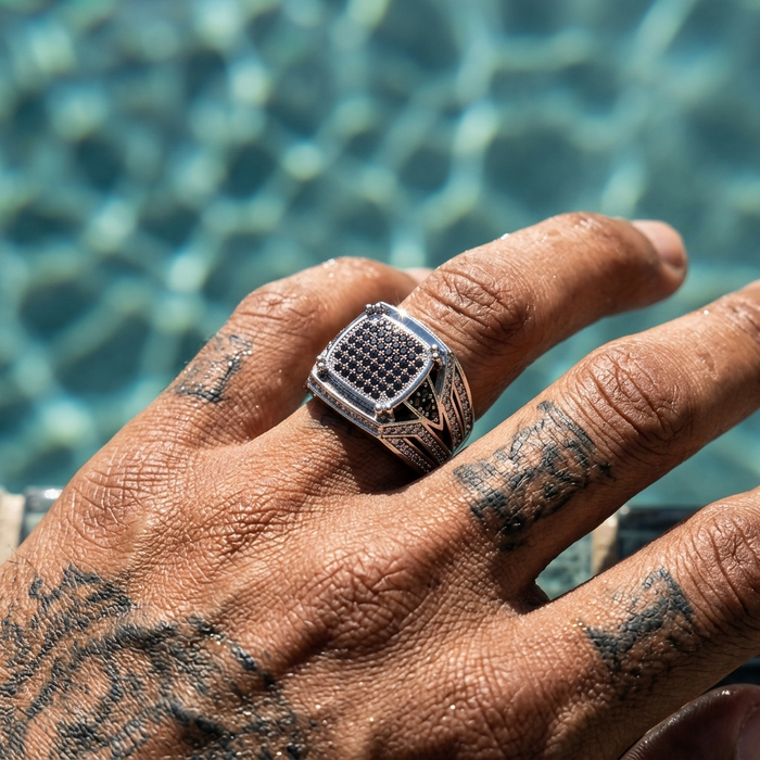Men's Zircon-Inlaid Geometric Ring - Hip-Hop & Business Style