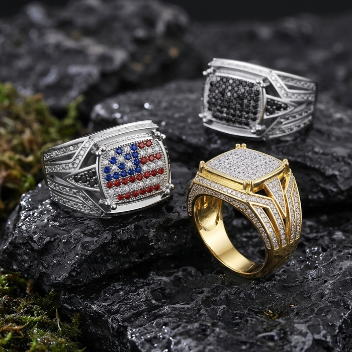 Men's Zircon-Inlaid Geometric Ring - Hip-Hop & Business Style