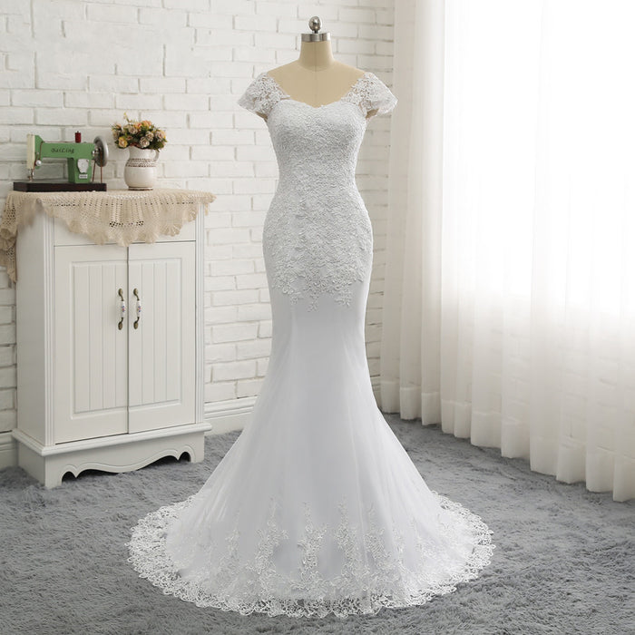 Mermaid/Trumpet Wedding Dresses Cap Sleeve Court Train V Back Tulle Illusion Vintage with Appliques 2021