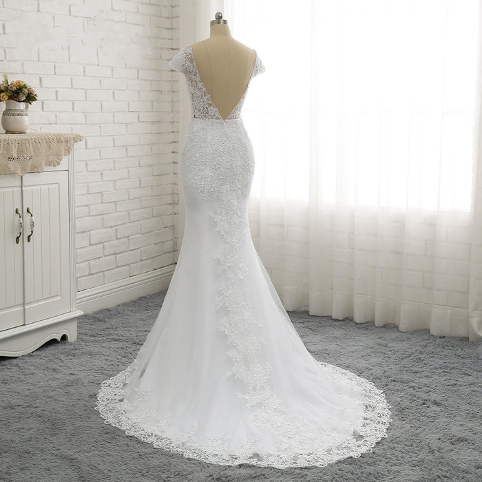 Mermaid/Trumpet Wedding Dresses Cap Sleeve Court Train V Back Tulle Illusion Vintage with Appliques 2021