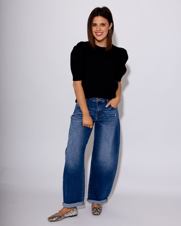 Mid Rise Barrel Double Roll Up Jeans in Dark