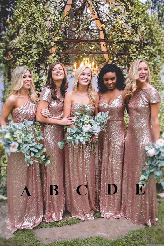 Mismatched Bridesmaid Dresses - Long Rose Gold Sequin Dresses