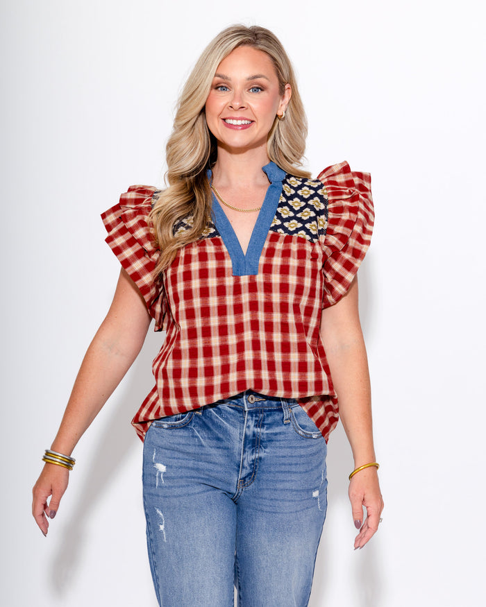 Mixed Print Flutter Sleeve Top