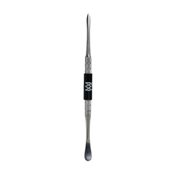 A double-ended metal dab tool with a textured silver handle, a black grip band featuring a white stylized logo, and a pointed tip on one end and a flat scraping or pushing tip on the other, shown against a plain white background.