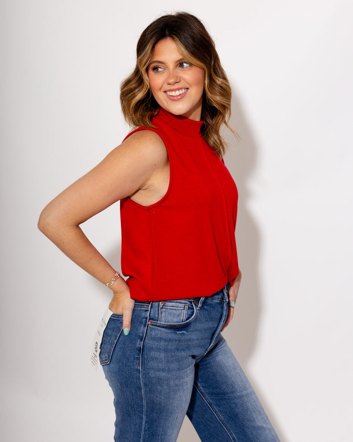 Mock Neck Sleeveless Seam Top in Red