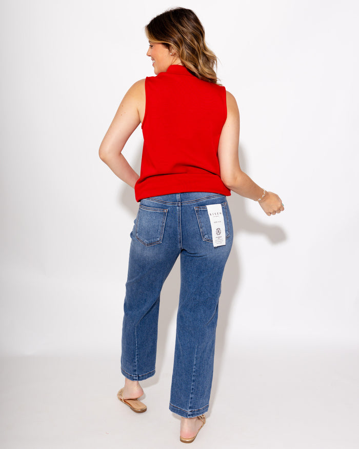 Mock Neck Sleeveless Seam Top in Red