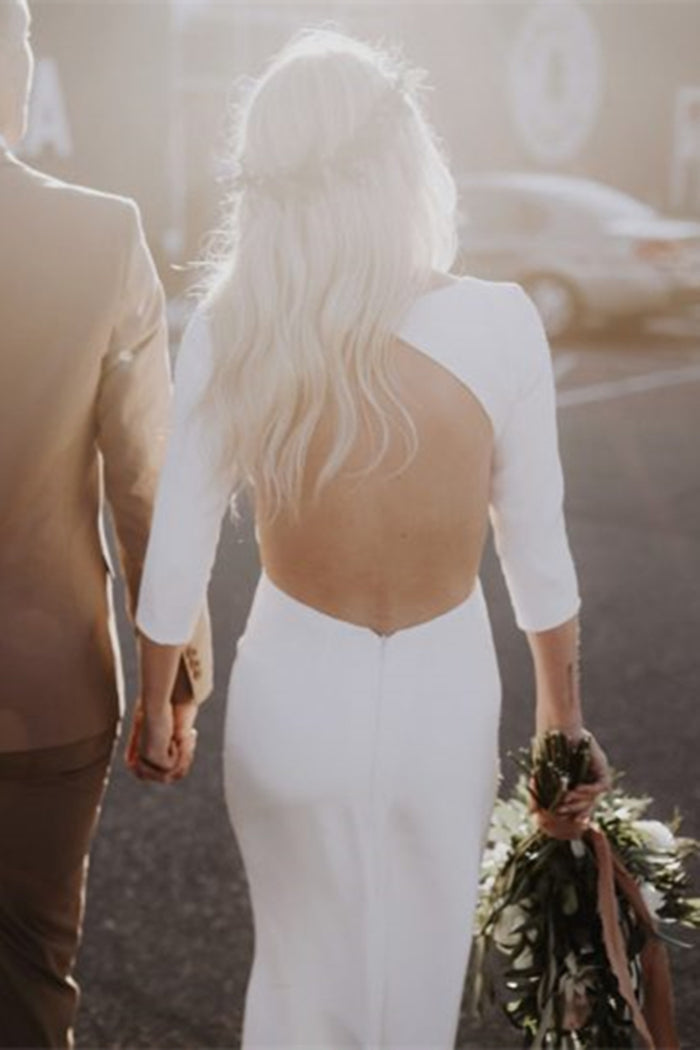 Modest Wedding Dress Ivory Satin with 3/4 Sleeves