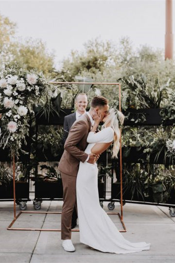 Modest Wedding Dress Ivory Satin with 3/4 Sleeves
