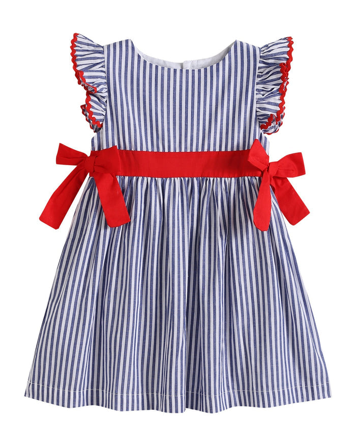 Navy Blue Stripe and Red Ruffle Bow Dress - Lil Cactus