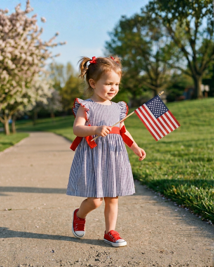 Navy Blue Stripe and Red Ruffle Bow Dress - Lil Cactus
