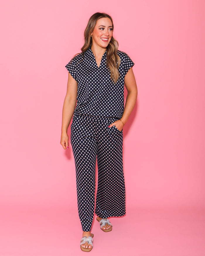 Navy Ditsy Popover Top and Knit Pants Set