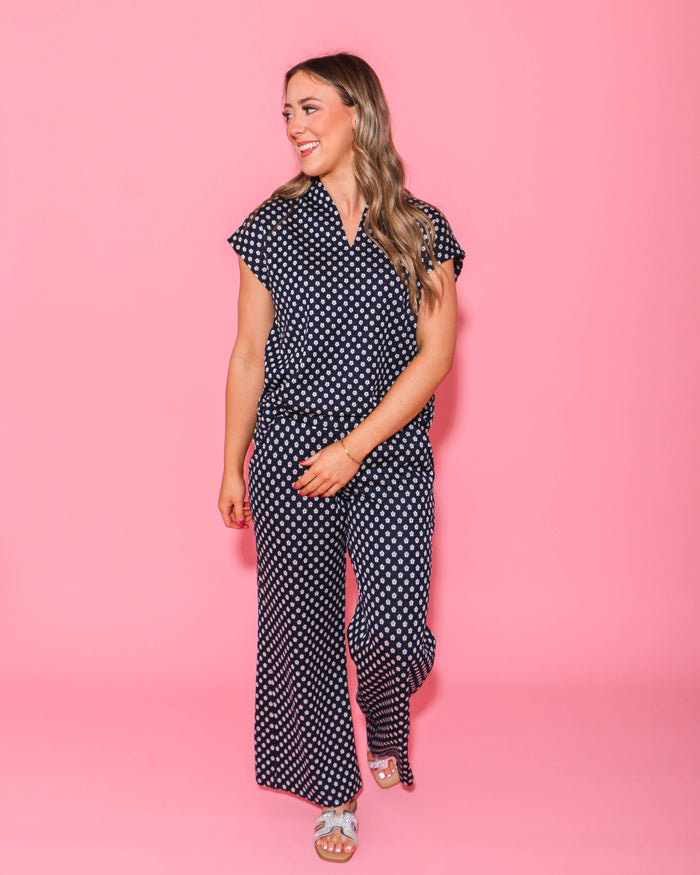 Navy Ditsy Popover Top and Knit Pants Set