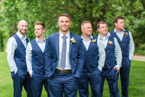 Navy Satin Groomsmen Vest Made to Order Wedding Men's Waistcoat V-neck 4 Pockets 5 Buttons