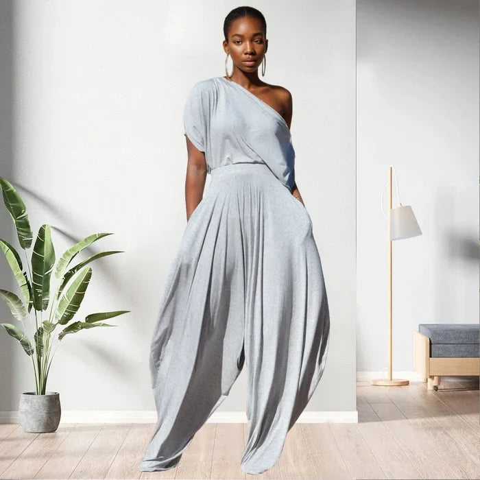One Shoulder Top Solid Colour Women 2 Piece Pants Set - Allen-Fitness