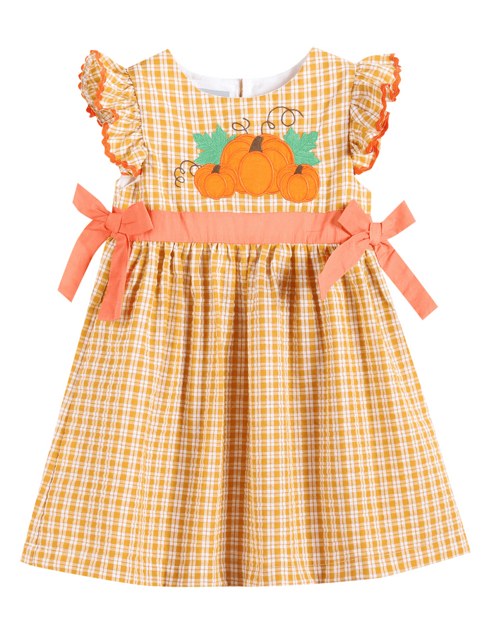 Orange Gingham Ruffle Pumpkin Bow Dress - Lil Cactus