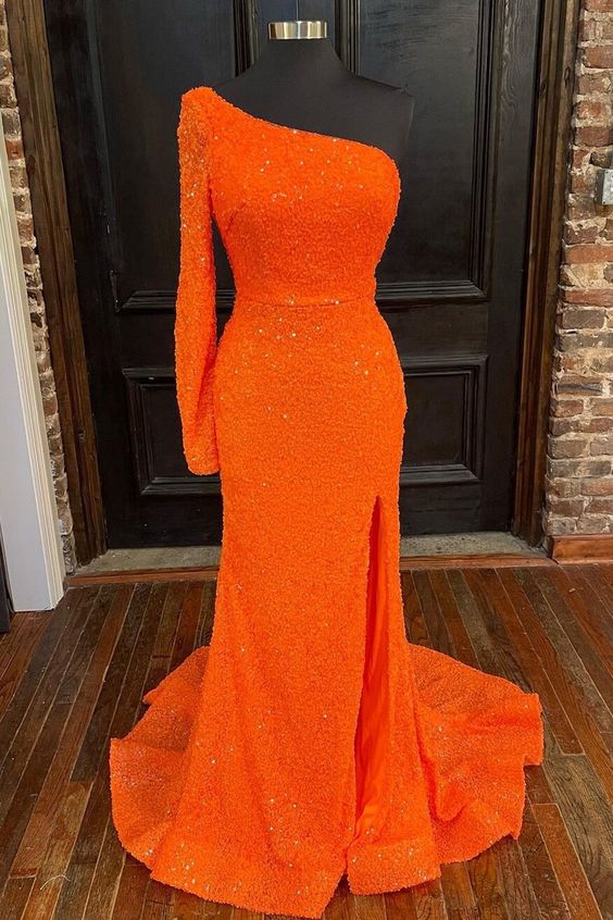 Orange Homecoming Dress 2022 Horsehair hem One Shoulder Long Sleeve with Slit