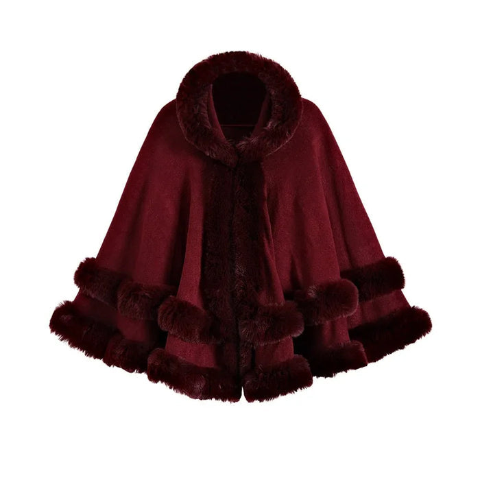 Oversized Knitted Cape Outer Shawl Artificial Fur Collar Hooded Warm Jacket - Allen-Fitness